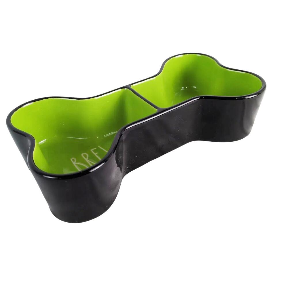 Rae Dunn Artisan Collection Brew & Gruel Bone-Shaped Divided Dog Bowl Food Water